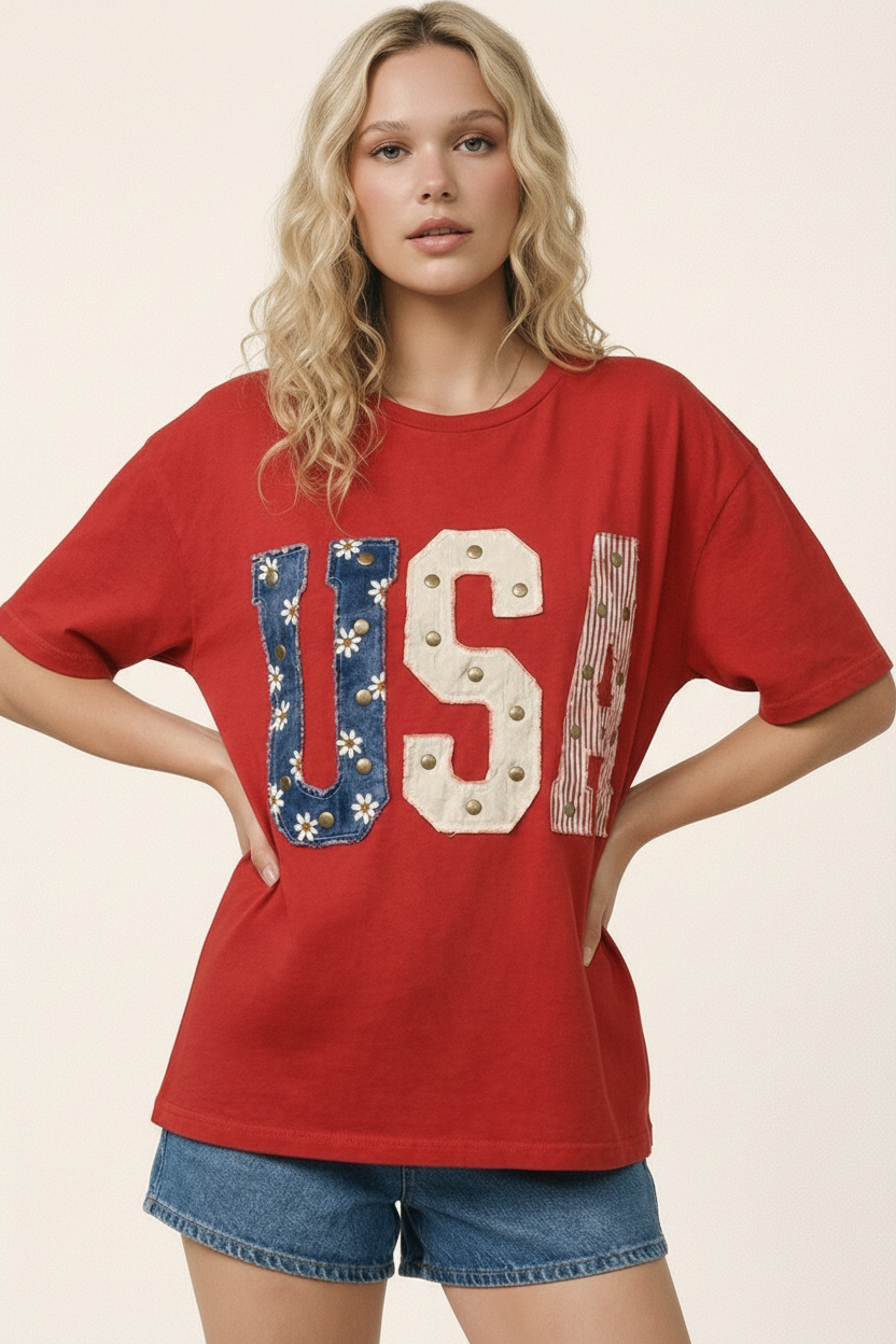 Mixed-Media Studded USA Graphic Tee