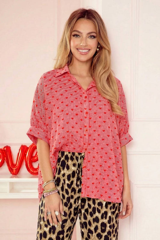 Heart Shape Print Half Sleeve Loose Valentine Shirt