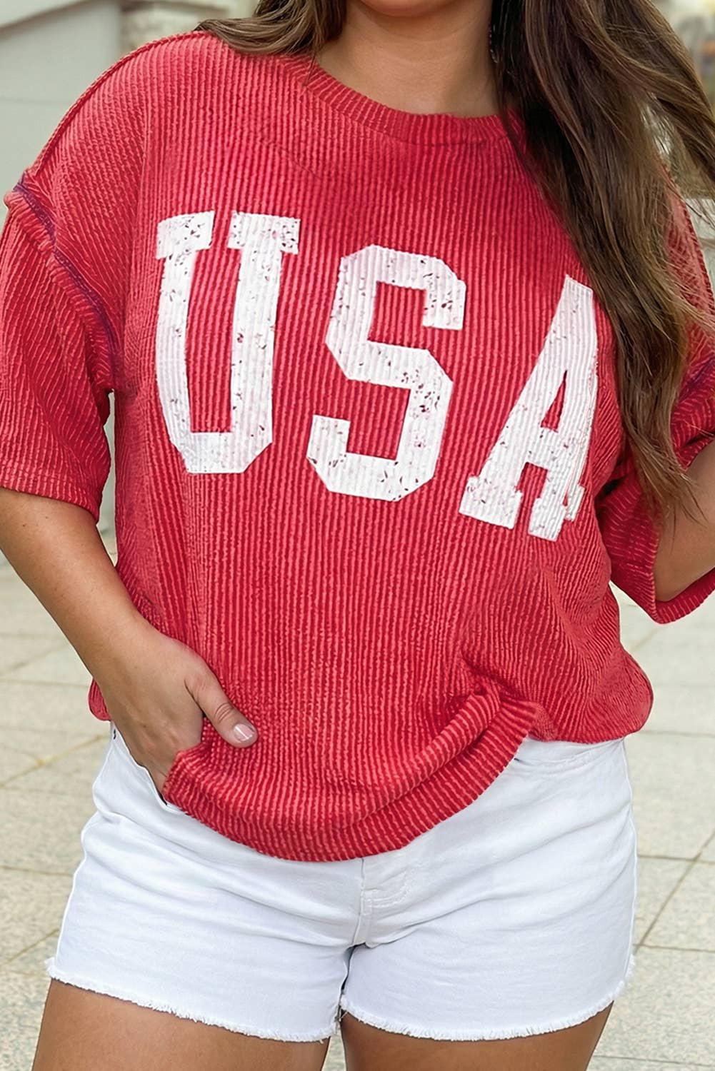 USA Graphic Half Sleeve Loose Ribbed Top