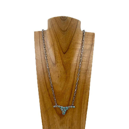 24'' Silver metal chain with blue longhorn pendent Necklace