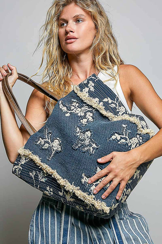 Contrast Trim Textured Woven Denim Tote Bag