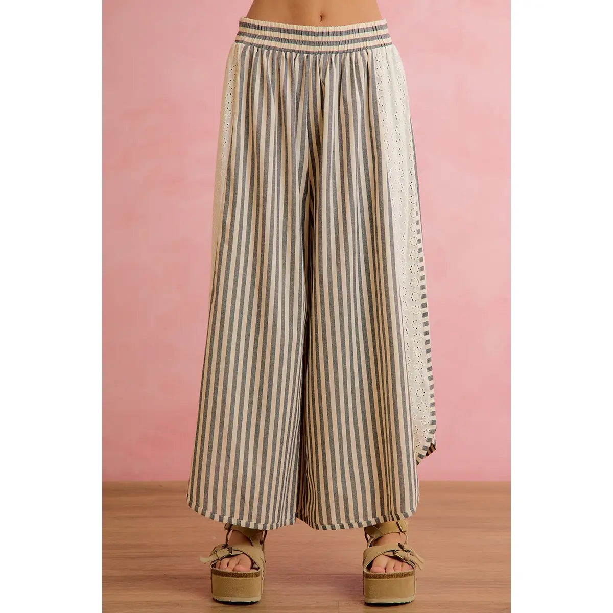 Floral Eyelet Side Elastic Stripes Wide Leg Pants