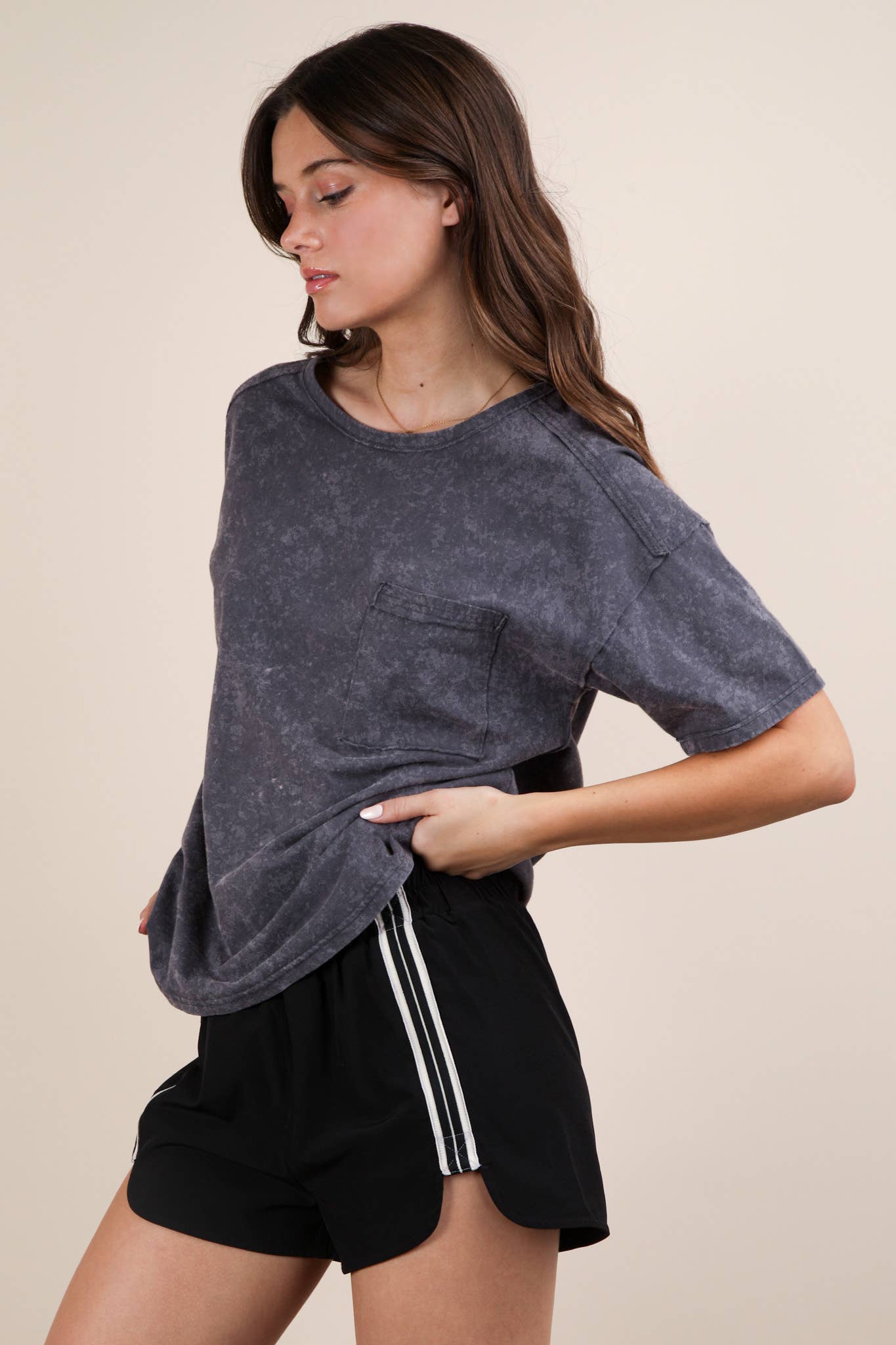 PLUS SIZE Short Sleeve Washed Knit Pocket Tee