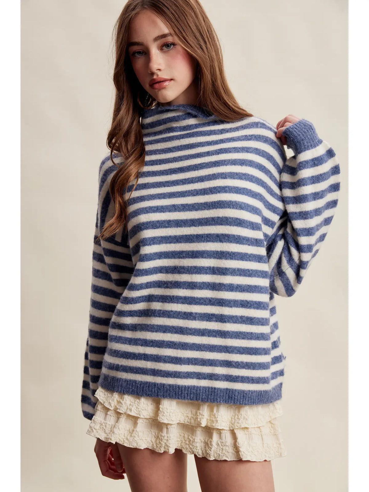 Striped Mock Neck Knit Sweater - Blue
