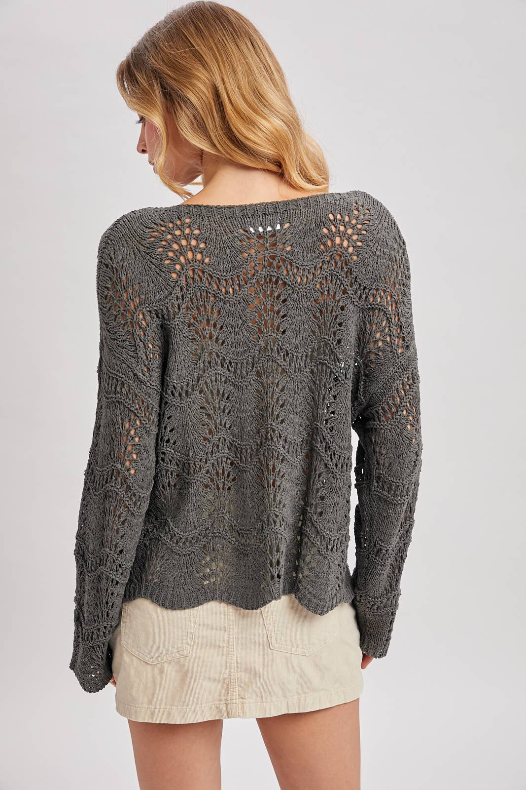 BOAT NECK SCALLOPED HEM OPEN KNIT SWEATER