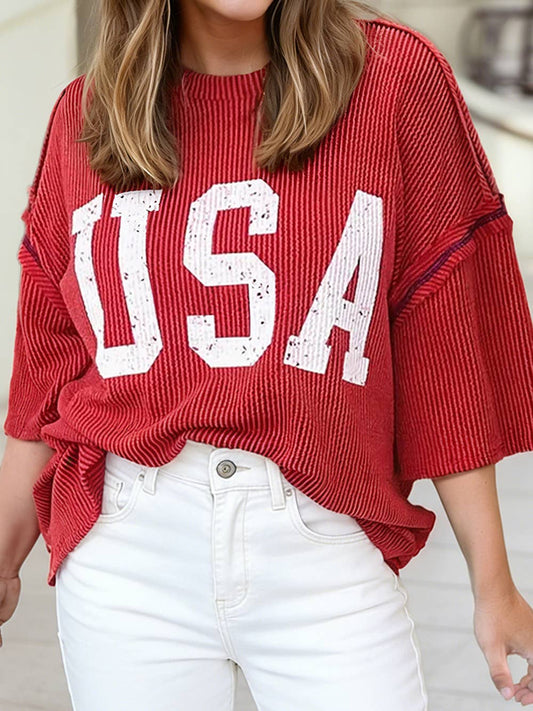 USA Graphic Half Sleeve Loose Ribbed Top | S-4X