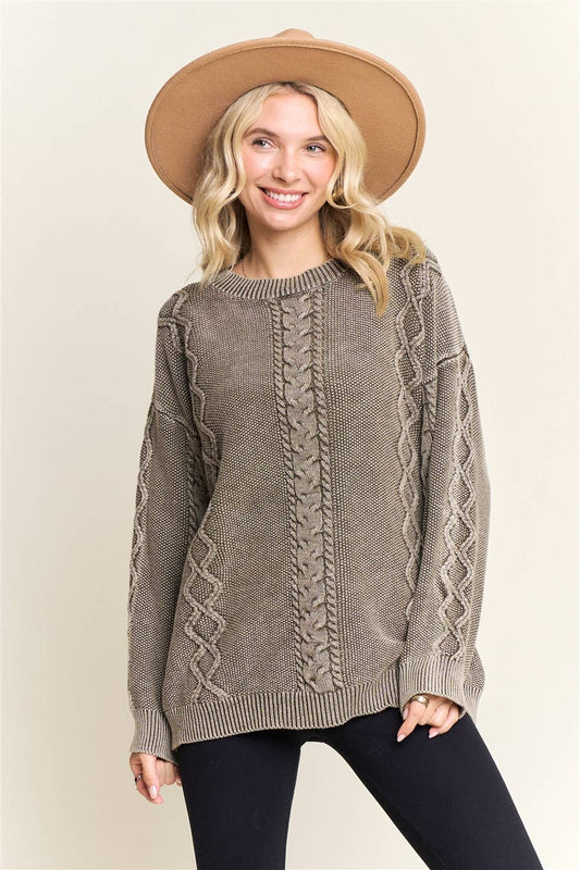 COFFEE VINTAGE WASH CABLE KNIT PULLOVER SWEATER