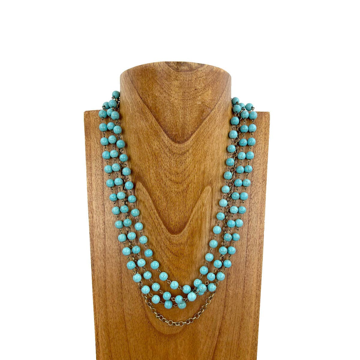 Blue turquoise stone beads  with brass color metal chain Necklace - 23 Inches 3 layers 8mm