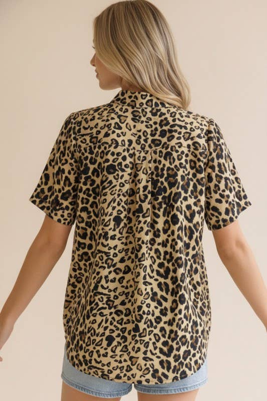 Mock Neck Half Band Button Down Leopard Top