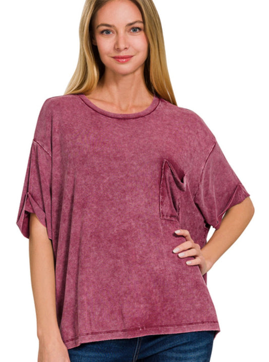 WASHED RIBBED CUFFED SHORT SLEEVE ROUND NECK TOP