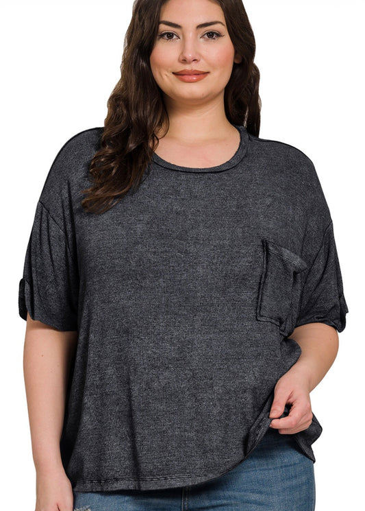 PLUS WASHED RIBBED SHORT SLEEVE ROUND NECK TOP