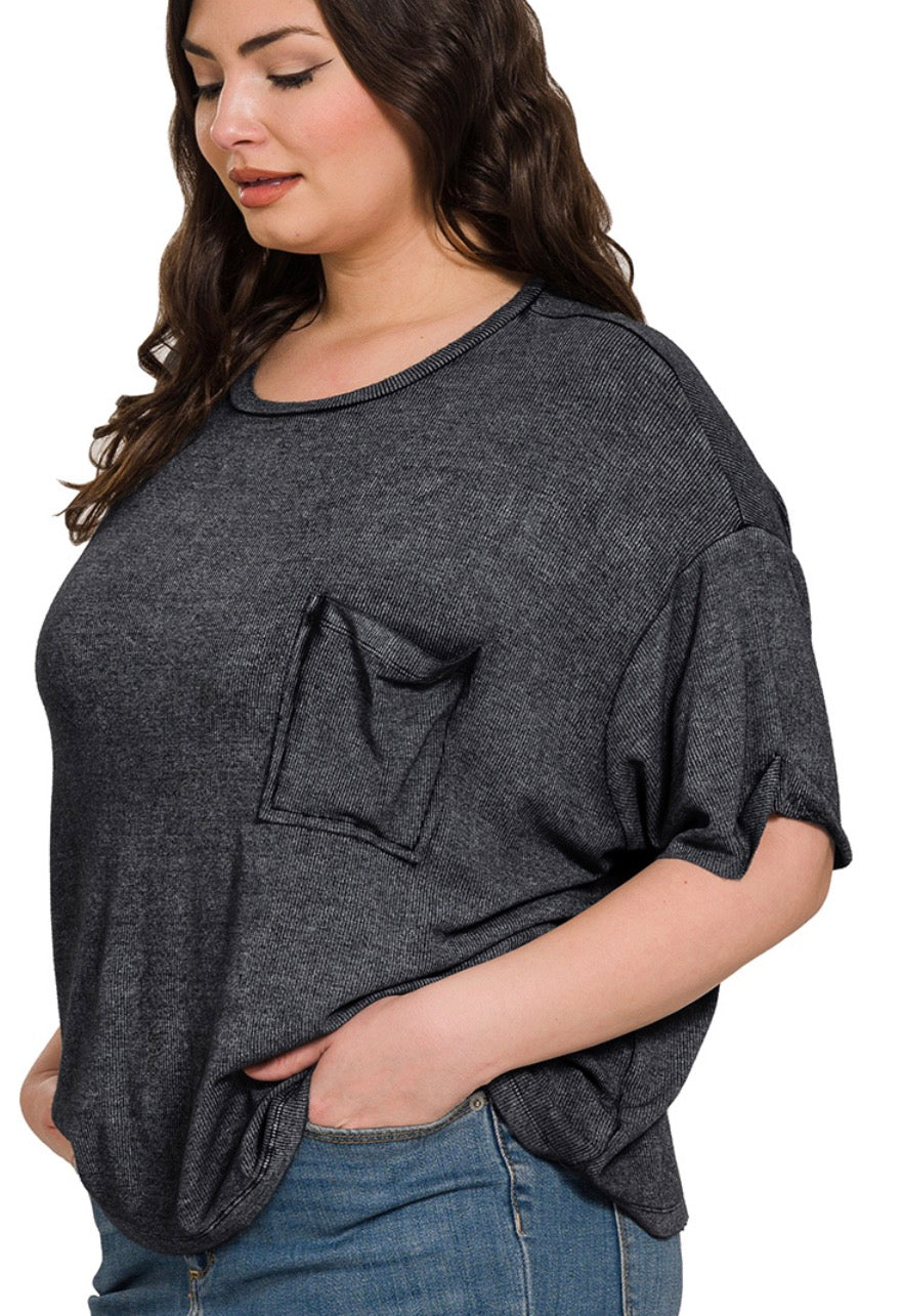 PLUS WASHED RIBBED SHORT SLEEVE ROUND NECK TOP