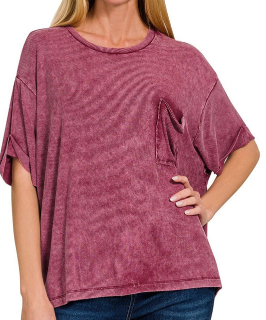 PLUS WASHED RIBBED SHORT SLEEVE ROUND NECK TOP-CABERNET