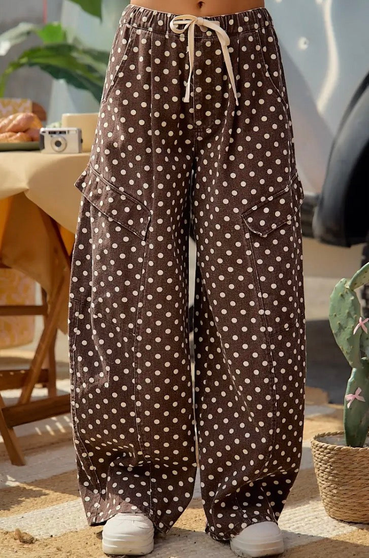 BROWN POLKA DOT WIDE LEG CARGO PANTS