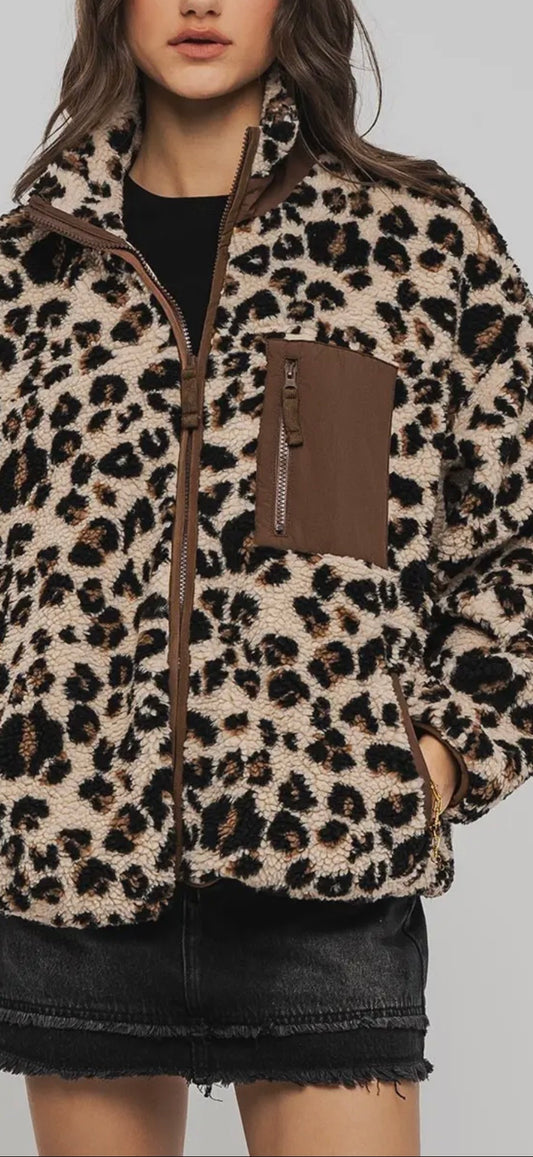 Leopard Print Sherpa Fleece Chest Pocket Zip Jacket