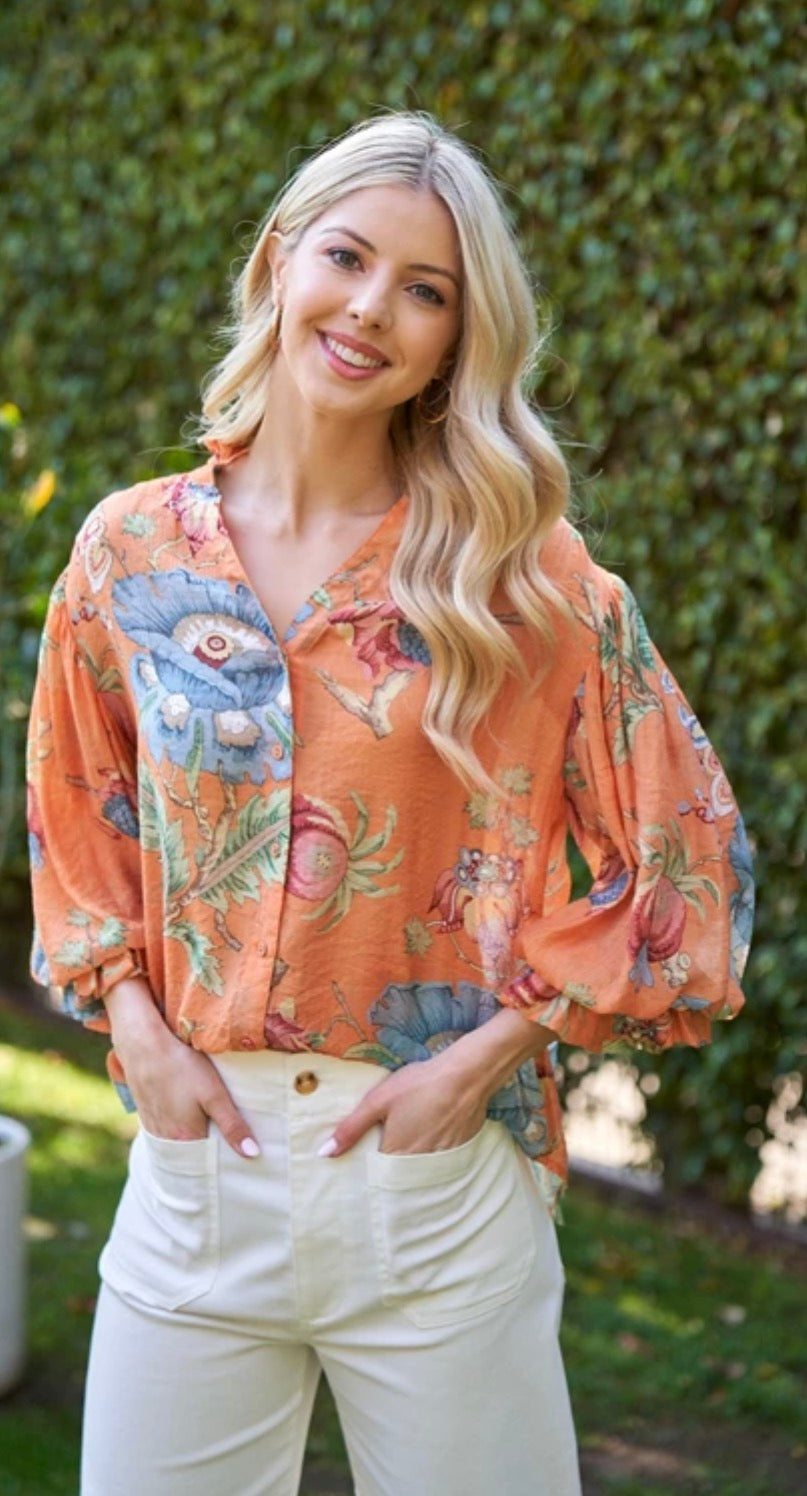 Coral Printed Button Down Top