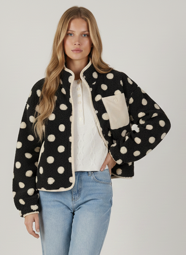 OVERSIZED REGLAN SLEEVE POLKA DOT FLEECE JACKET