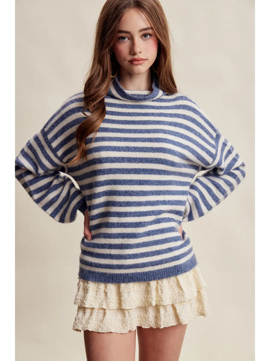 Striped Mock Neck Knit Sweater - Blue