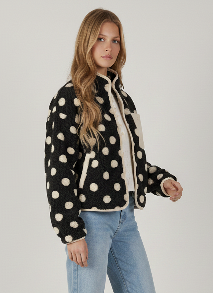 OVERSIZED REGLAN SLEEVE POLKA DOT FLEECE JACKET