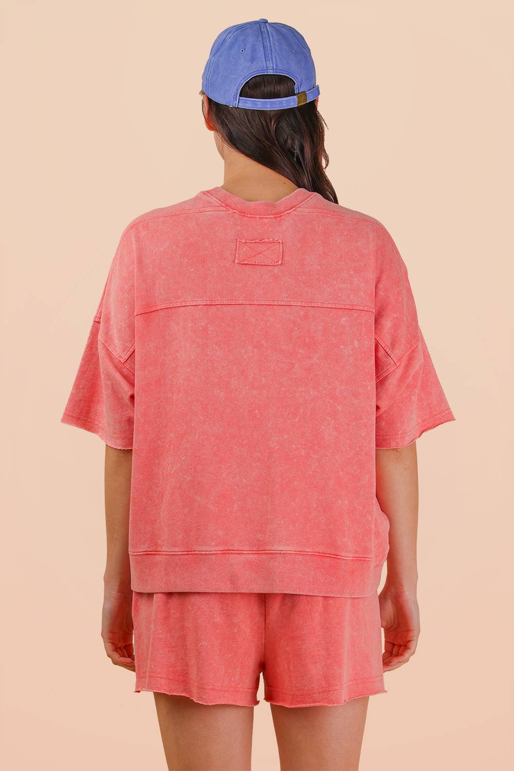 Mineral Washed Knit Casual Top & Shorts Coral