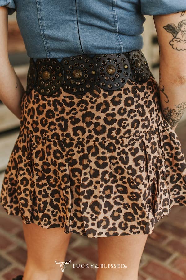 Brown Leopard Buffle Elastic Waist Skirt W Short Lining