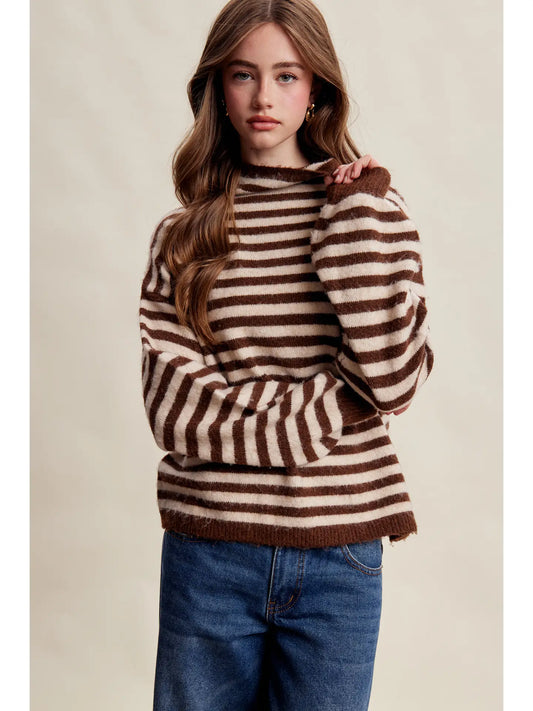 Striped Mock Neck Knit Sweater - Mocha