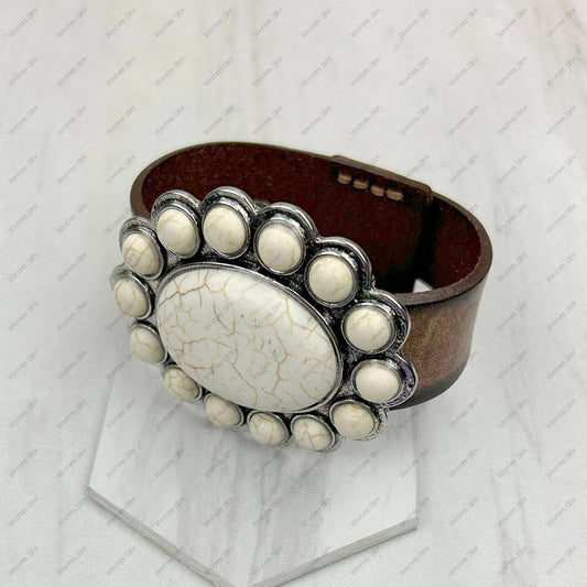 Brown leather with large turquoise or white stone oval concho bracelet