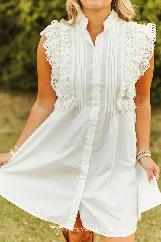 Ivory Crochet Ruffle Sleeveless Button Down Dress