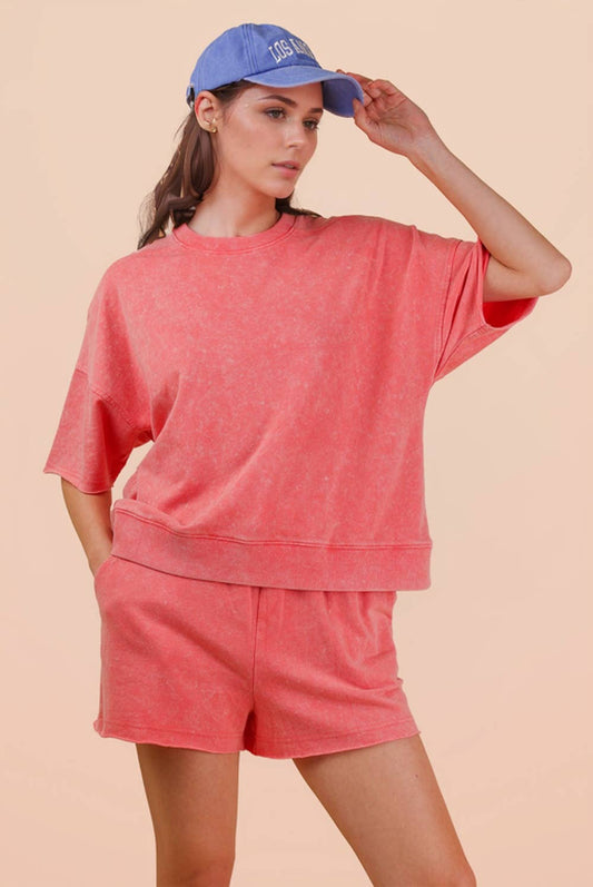 Mineral Washed Knit Casual Top & Shorts Coral