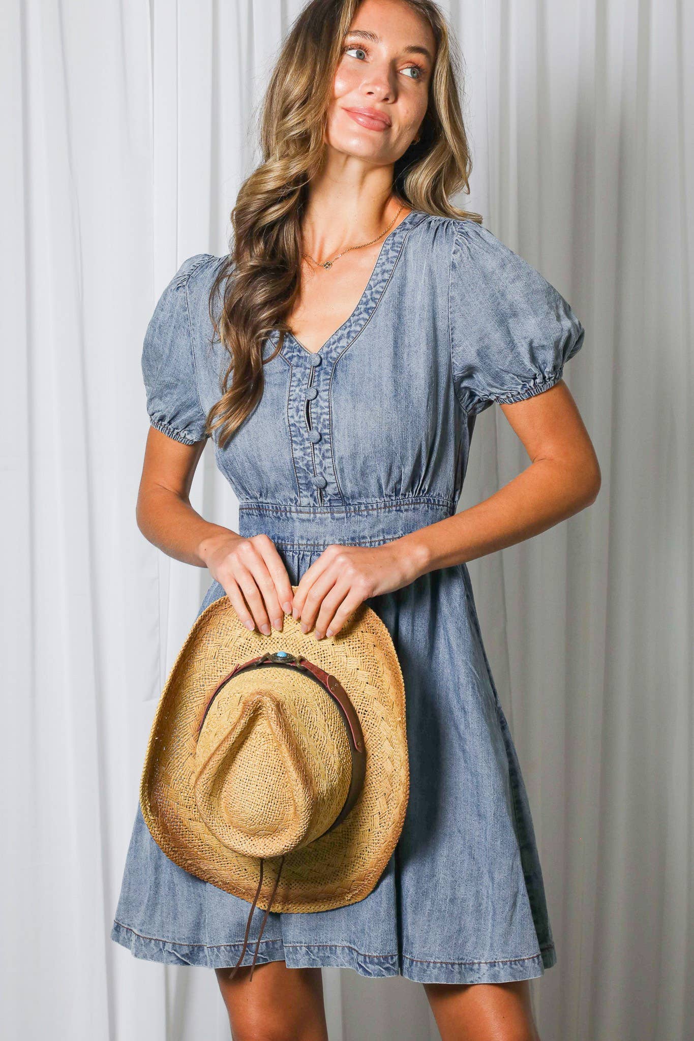 V-Neck Puff Sleeve 100%Tencel Chambray Denim Dress