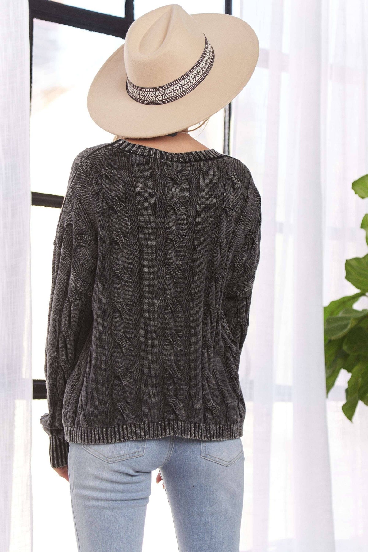 Charcoal MINERAL WASHED CABLE KNIT SWEATER TOP