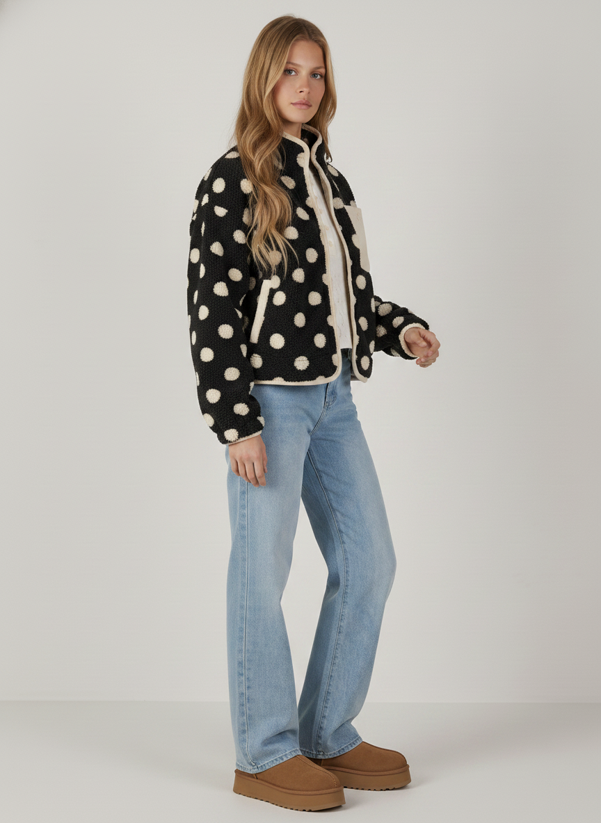 OVERSIZED REGLAN SLEEVE POLKA DOT FLEECE JACKET