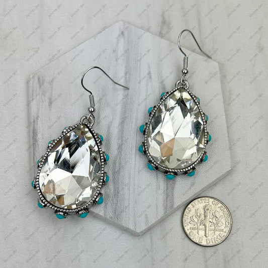 Silver metal with clear crystal and blue turquoise stone beads teardrop Earrings