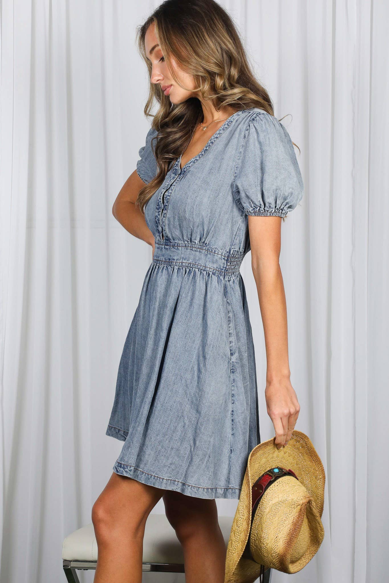 V-Neck Puff Sleeve 100%Tencel Chambray Denim Dress