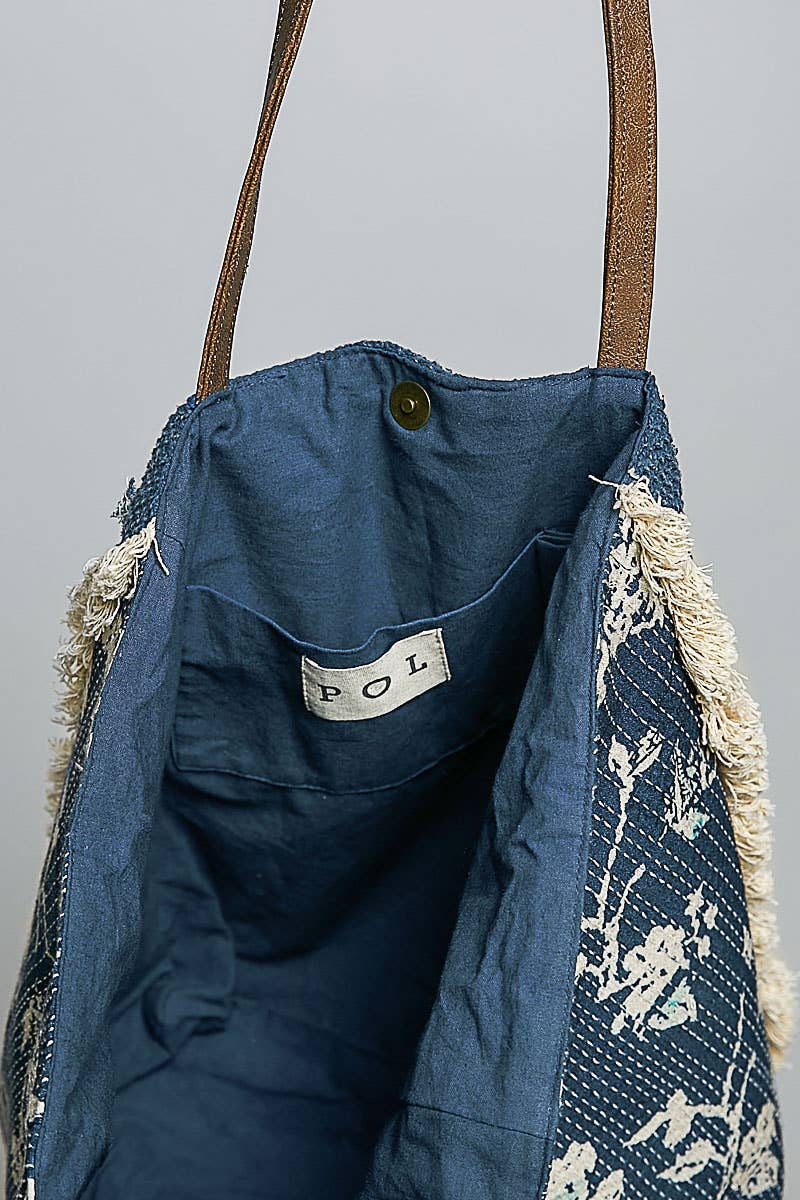 Contrast Trim Textured Woven Denim Tote Bag