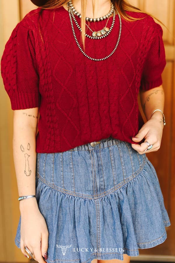 Mid Wash Elastic Front Tie Ruffle Denim Skirt