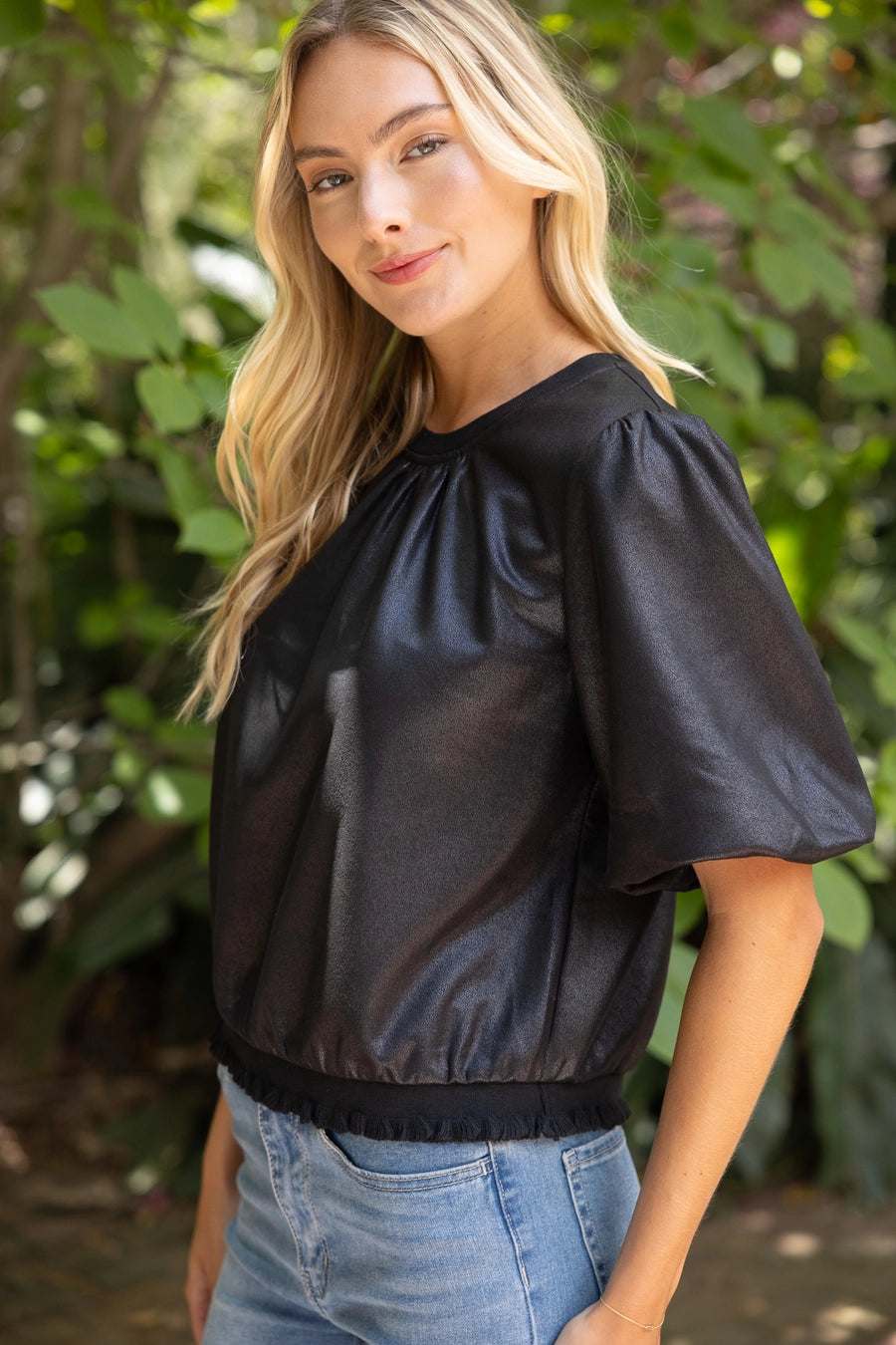 Ribbed Knit Band Solid Black Faux Leather Top