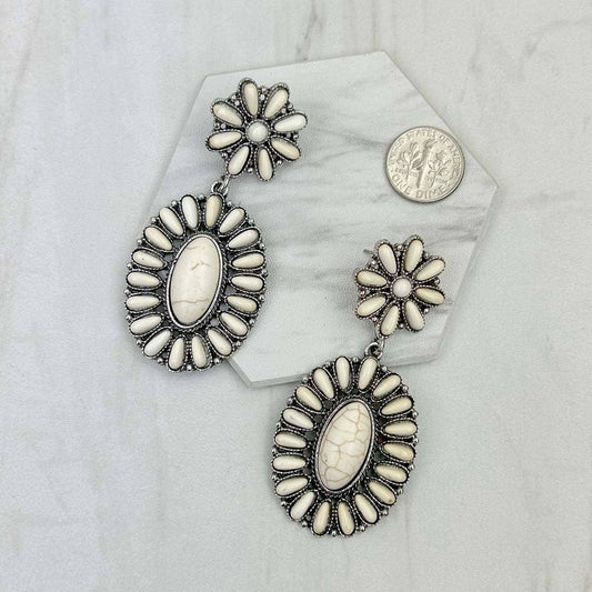 Silver metal concho with white stone beads Earrings: WHITE