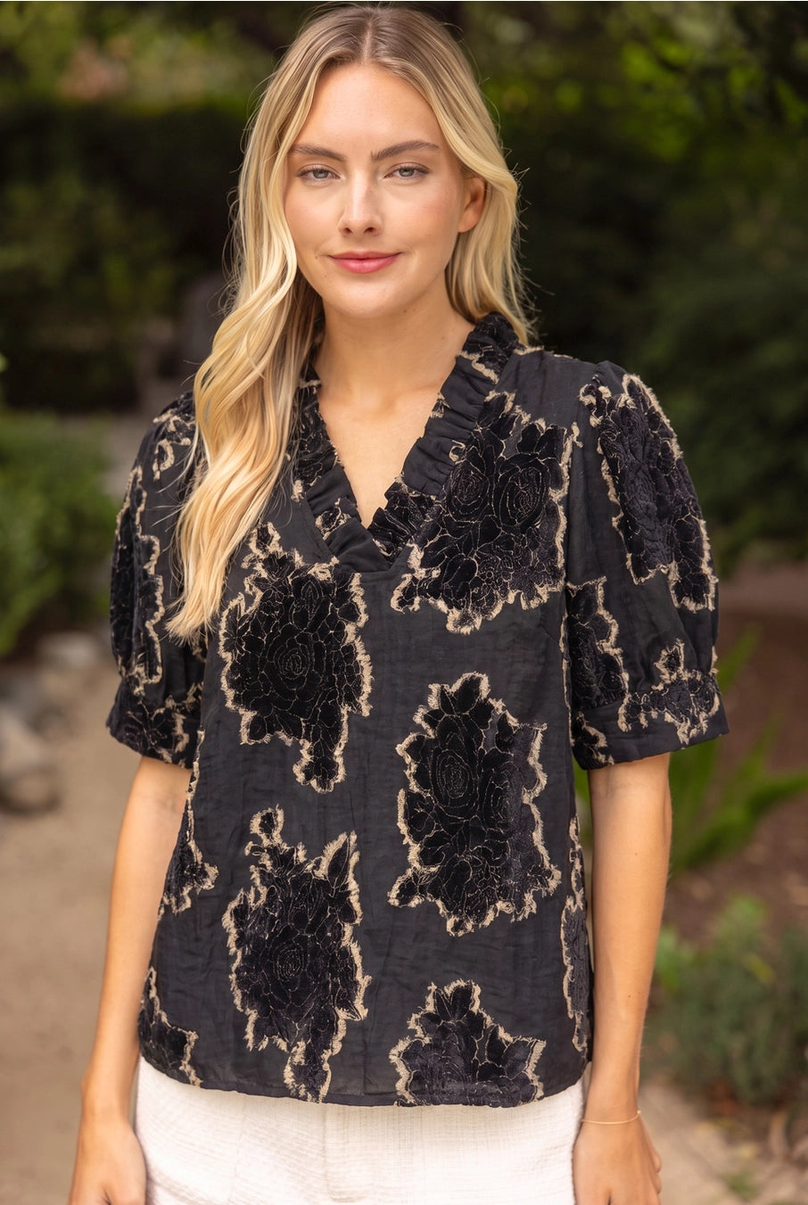 Ruffled V-Neck Textured Burnout Velvet Top