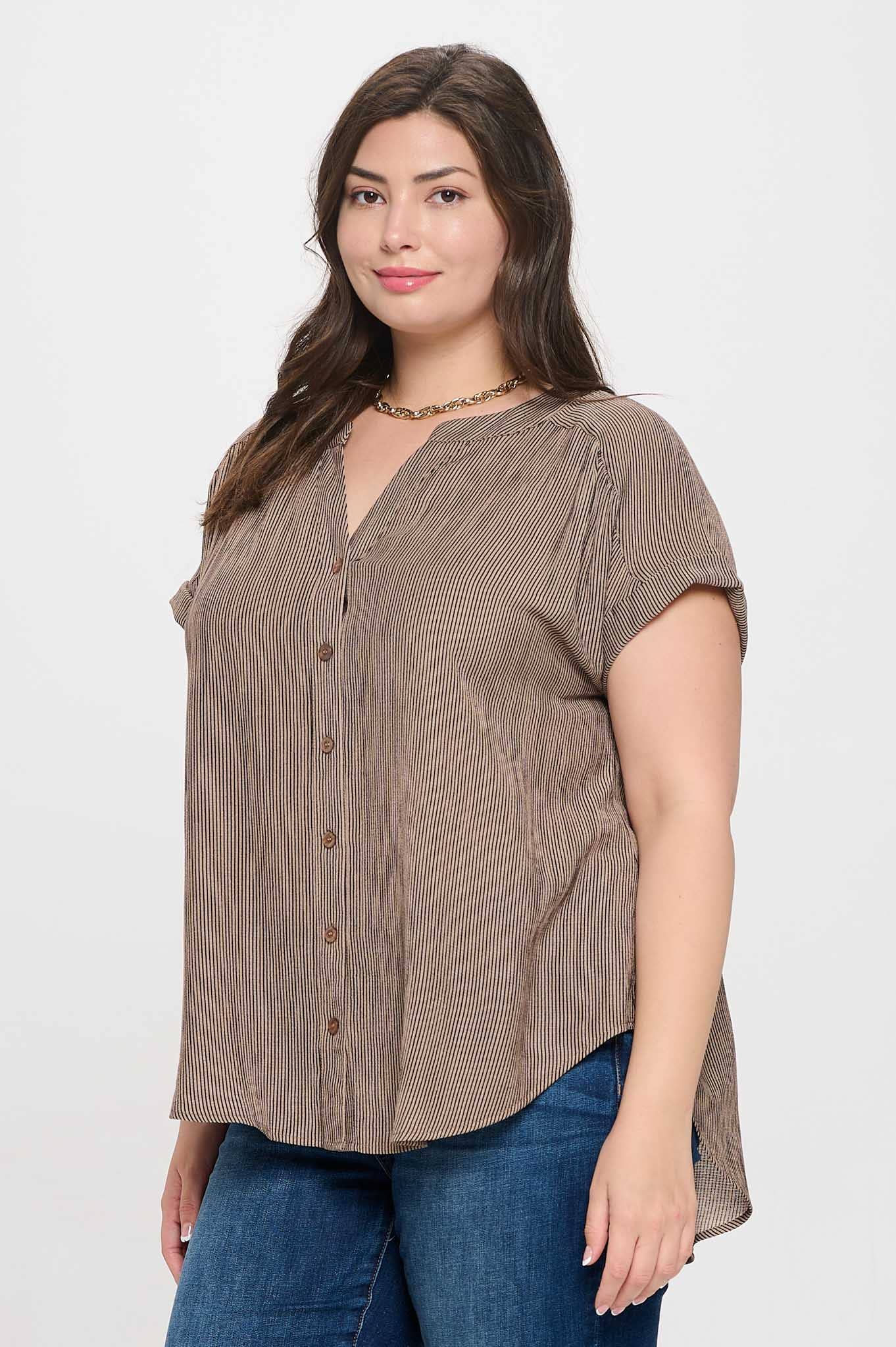 PLUS PINSTRIPE SHORT CUFF SLEEVE SHIRT BROWN