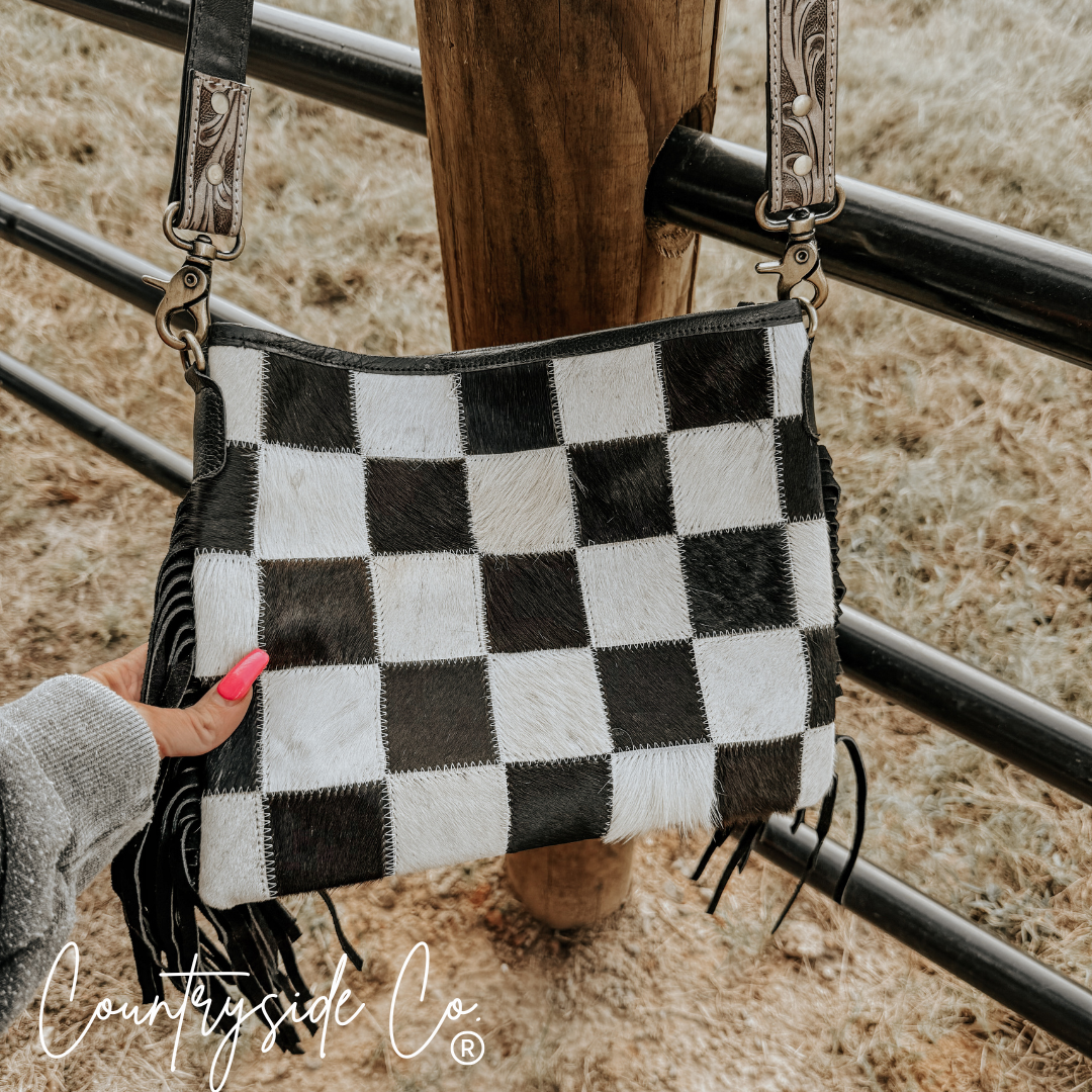 Rodeo Square Cowhide Checkered Purse