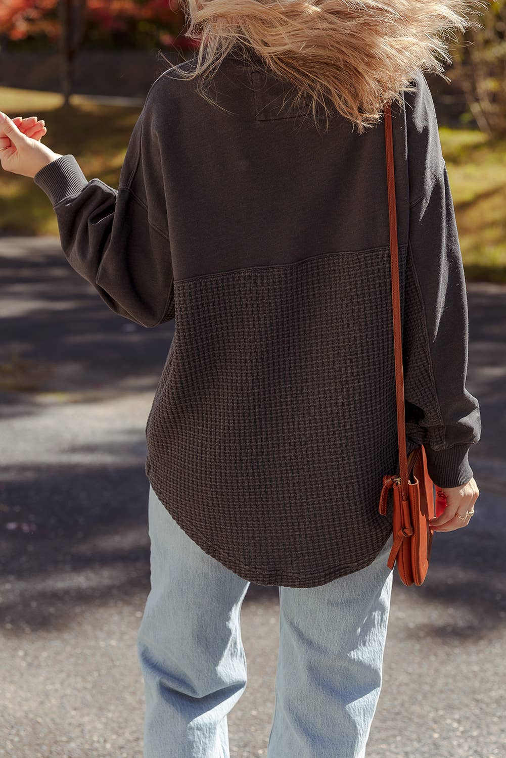 Waffle Knit Patchwork Half Zipped Casual Sweatshirt: Carbon Grey