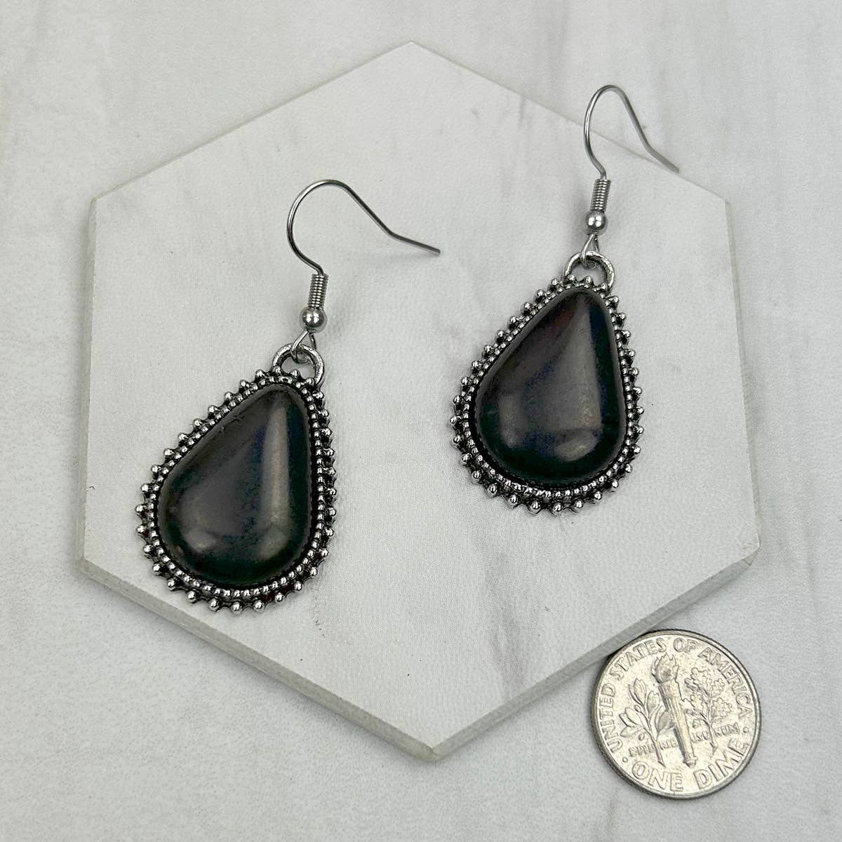 Silver metal with stone Earrings: Black
