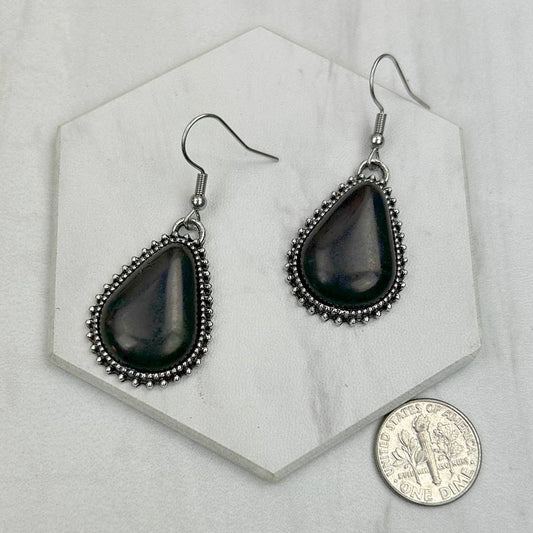 Silver metal with stone Earrings: Black