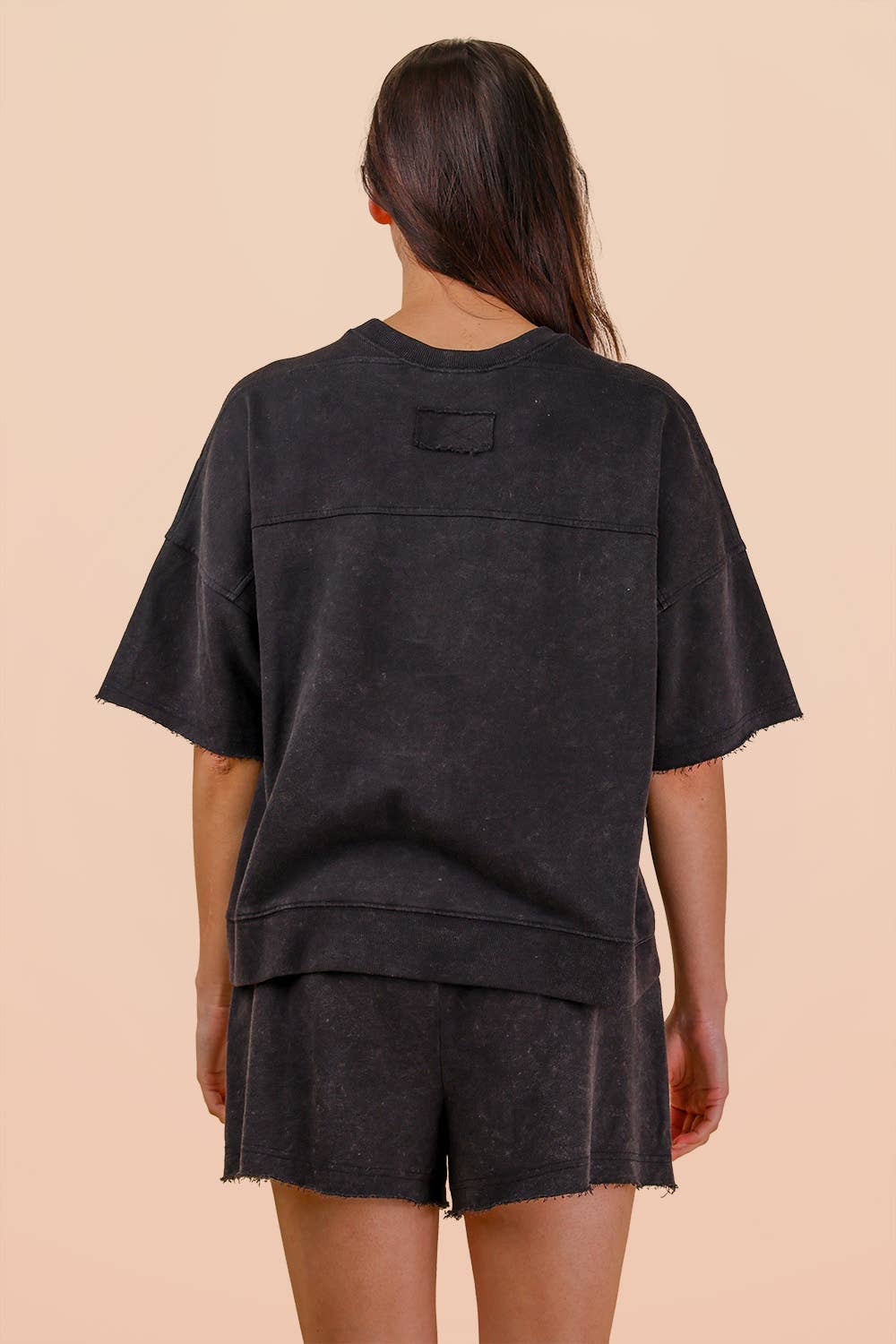 PLUS SIZE Mineral Washed Knit Casual Top & Shorts: BLACK