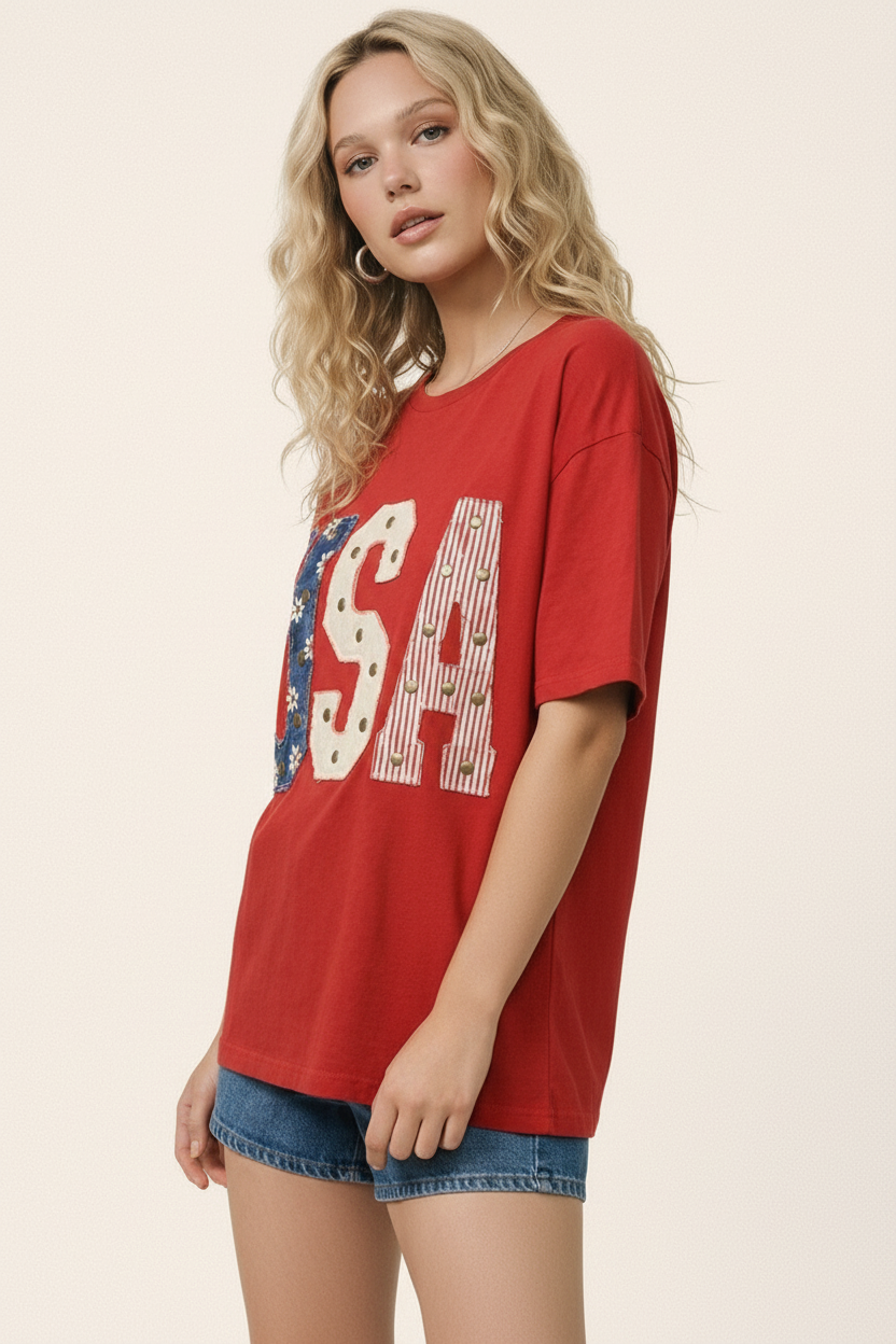 Mixed-Media Studded USA Graphic Tee