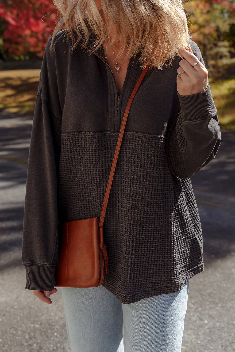 Waffle Knit Patchwork Half Zipped Casual Sweatshirt: Carbon Grey