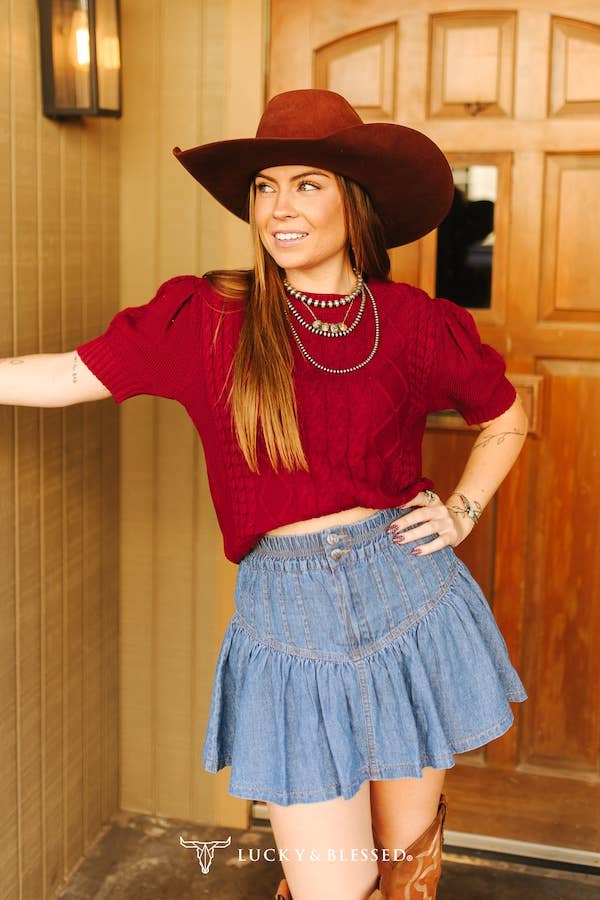 Mid Wash Elastic Front Tie Ruffle Denim Skirt