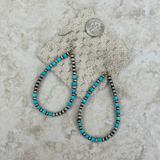 Silver Navajo pearl with blue turquoise beads  teardrop hoop Earrings