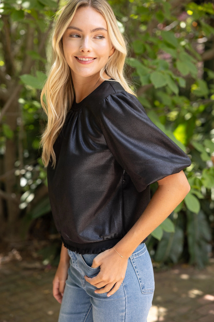 Ribbed Knit Band Solid Black Faux Leather Top